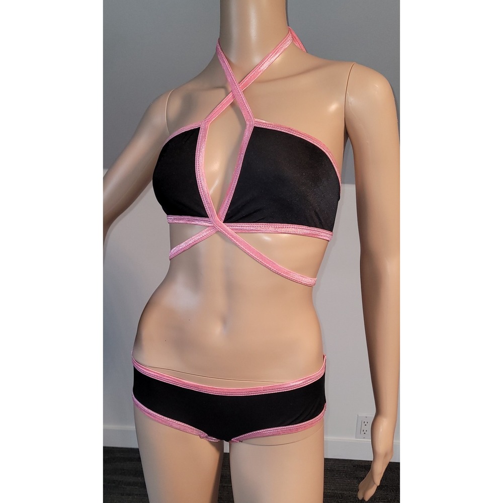 Woman Small Pink‎ & Black  Bikini Top  Booty Bottoms  SL4080-1